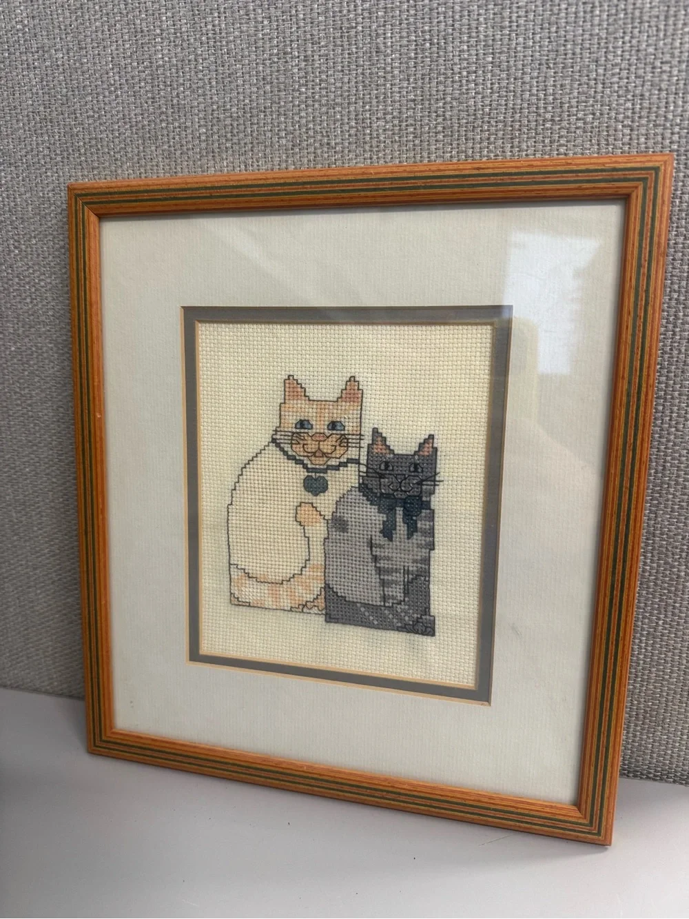 VTG Framed Cat Cross Stitch Needlepoint Folk Art Wall Decor